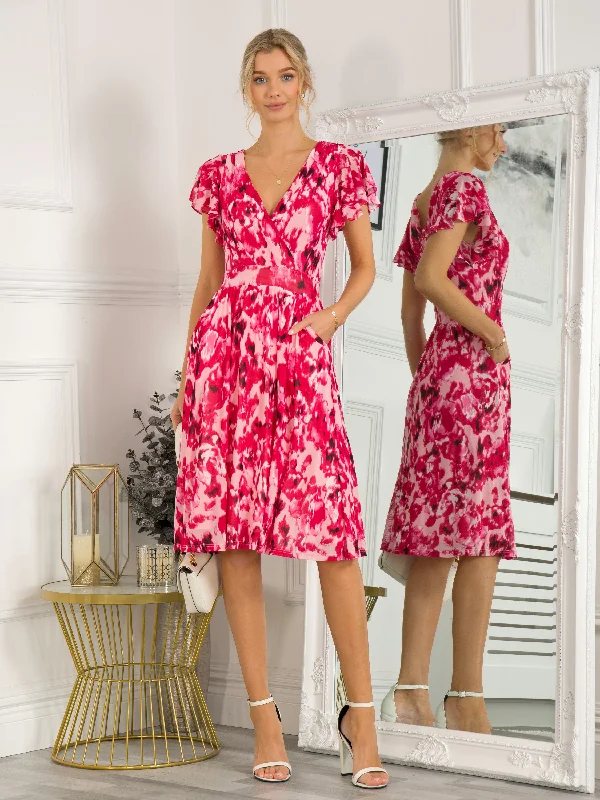 Midi dresses with ruffled hems for a romantic date nightJolie Moi Wrap Mesh Midi Dress, Pink Abstract Midi dresses with ruffled hems for a romantic date nightJolie Moi Wrap Mesh Midi Dress, Pink Abstract
