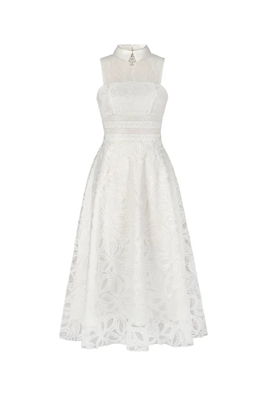 High - low midi dresses with geometric patterns for a modern partyKatia A-line Folded Collar Lace Weave Midi Dress High - low midi dresses with geometric patterns for a modern partyKatia A-line Folded Collar Lace Weave Midi Dress