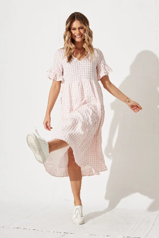 Midi dresses with one - shoulder designs for a modern and asymmetric styleKristen Midi Smock Dress In Blush Gingham Midi dresses with one - shoulder designs for a modern and asymmetric styleKristen Midi Smock Dress In Blush Gingham