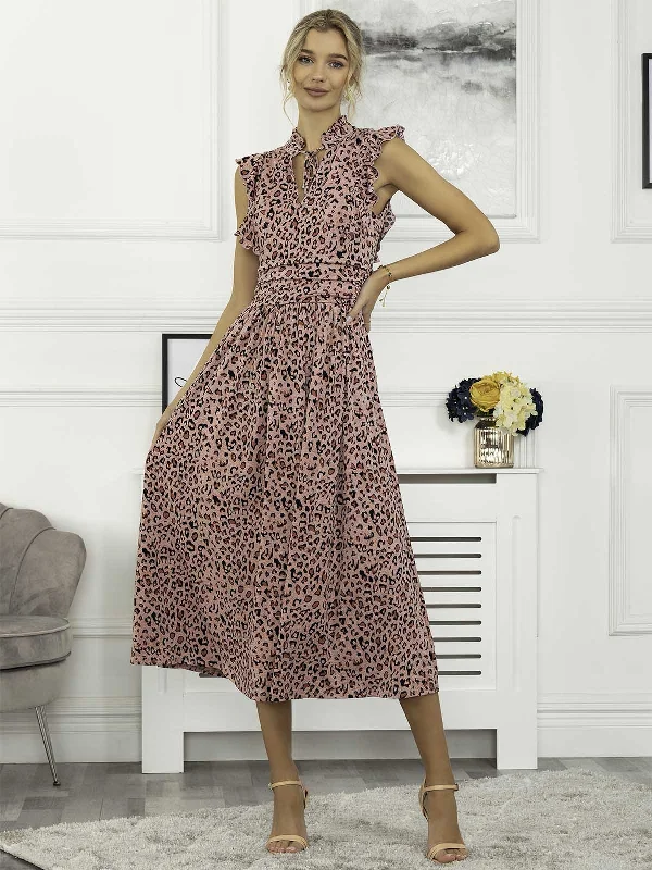 Plaid midi dresses for a fall - themed family gatheringKynlee Frilly Shoulder Maxi Dress, Pink Animal Plaid midi dresses for a fall - themed family gatheringKynlee Frilly Shoulder Maxi Dress, Pink Animal