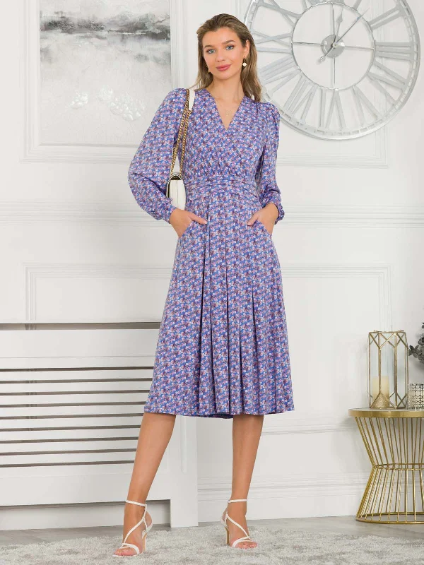 Midi dresses with V - necklines for a flattering and elongating effectLibby Long Sleeve Midi Dress, Blue Floral Midi dresses with V - necklines for a flattering and elongating effectLibby Long Sleeve Midi Dress, Blue Floral