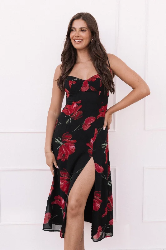 Midi dresses with fringe details for a fun and energetic styleMeg Dress - Black Floral Midi dresses with fringe details for a fun and energetic styleMeg Dress - Black Floral