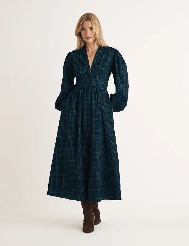 Midi dresses with ruched bodices for a feminine and fitted feelNavy Cord Check Starlight Midi Dress Midi dresses with ruched bodices for a feminine and fitted feelNavy Cord Check Starlight Midi Dress