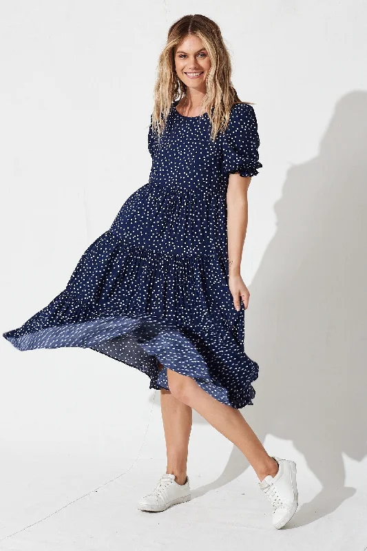 Midi dresses with cold - shoulder cutouts for a trendy styleNevi Tiered Midi Dress in Navy Spot Midi dresses with cold - shoulder cutouts for a trendy styleNevi Tiered Midi Dress in Navy Spot