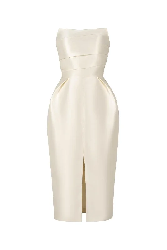 Maxi - inspired midi dresses with flowing fabrics for a beachy vibePearl Strapless Draped Glossy Taffeta Midi Dress Maxi - inspired midi dresses with flowing fabrics for a beachy vibePearl Strapless Draped Glossy Taffeta Midi Dress