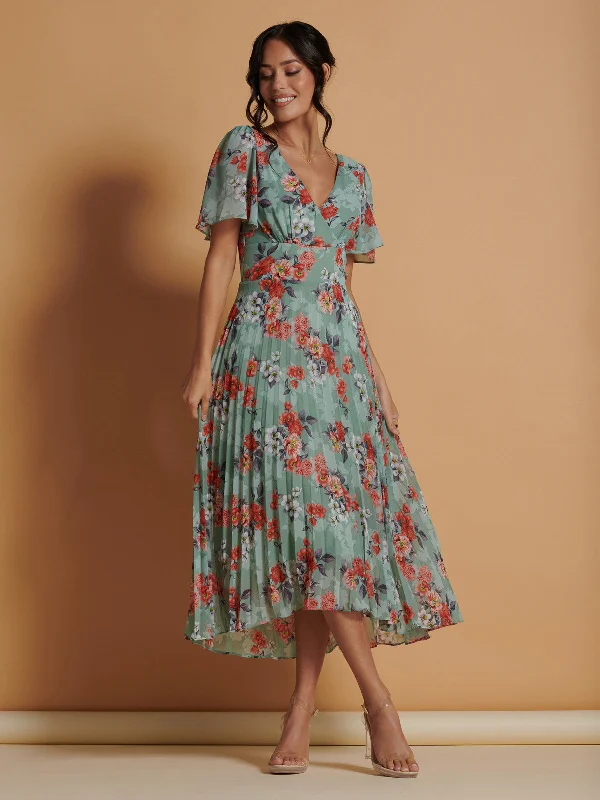 Midi dresses with puff sleeves for a vintage - inspired lookPleated Chiffon High Low Maxi Dress, Green Floral Midi dresses with puff sleeves for a vintage - inspired lookPleated Chiffon High Low Maxi Dress, Green Floral