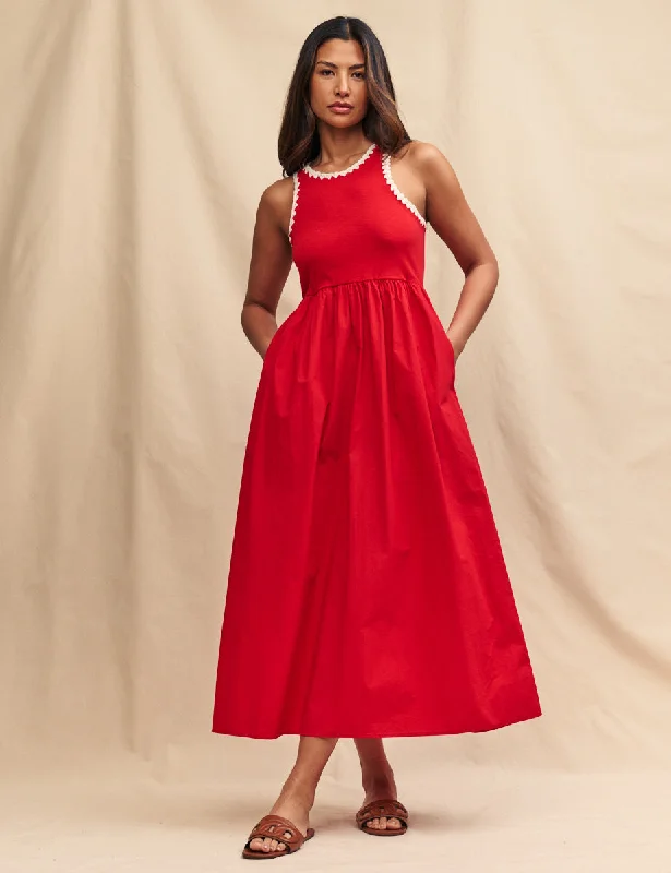 Midi dresses with cotton - blend materials for everyday comfortRed Crochet Trim Seattle Midi Skater Dress Midi dresses with cotton - blend materials for everyday comfortRed Crochet Trim Seattle Midi Skater Dress