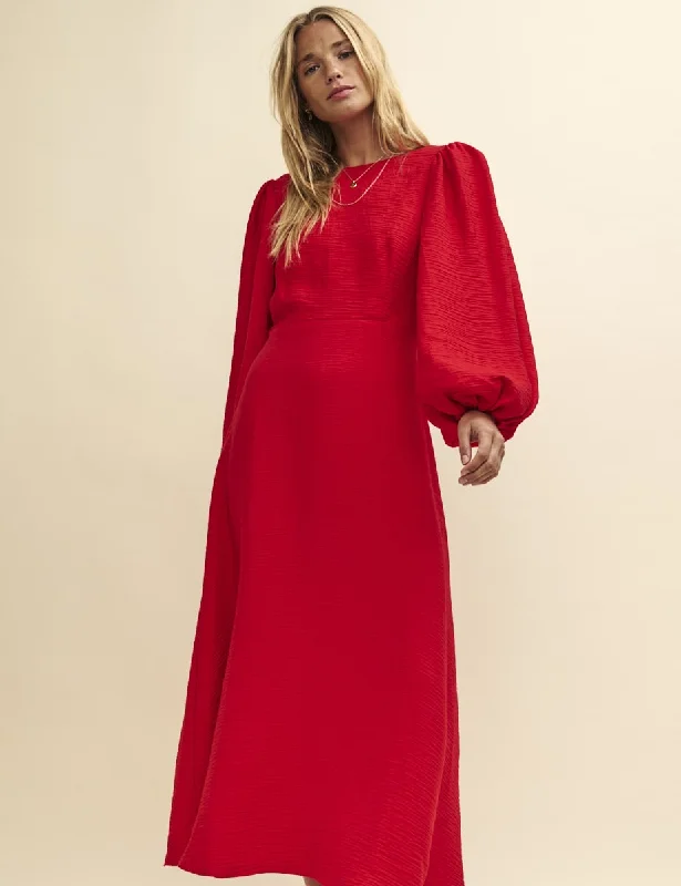 Midi dresses with V - necklines for a flattering and elongating effectRed Balloon Sleeve Zora Midi Dress Midi dresses with V - necklines for a flattering and elongating effectRed Balloon Sleeve Zora Midi Dress