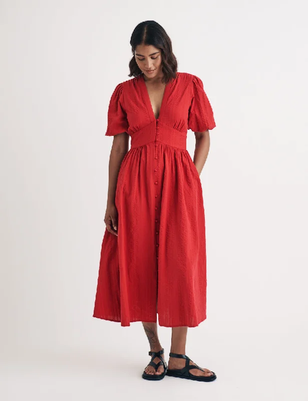 Midi dresses with gathered skirts for a full and flowing silhouetteRed Starlight Midi Dress Midi dresses with gathered skirts for a full and flowing silhouetteRed Starlight Midi Dress