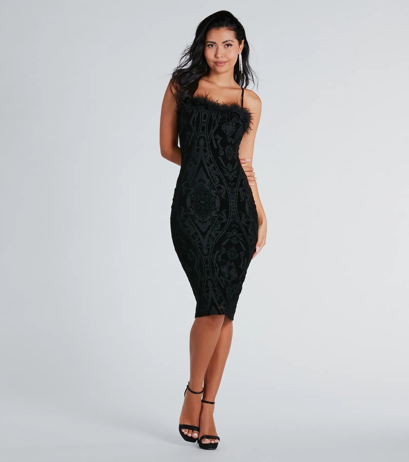 Midi dresses with geometric cutouts for a contemporary and edgy lookRoselyn Velvet Flocked Mesh Formal Midi Dress Midi dresses with geometric cutouts for a contemporary and edgy lookRoselyn Velvet Flocked Mesh Formal Midi Dress