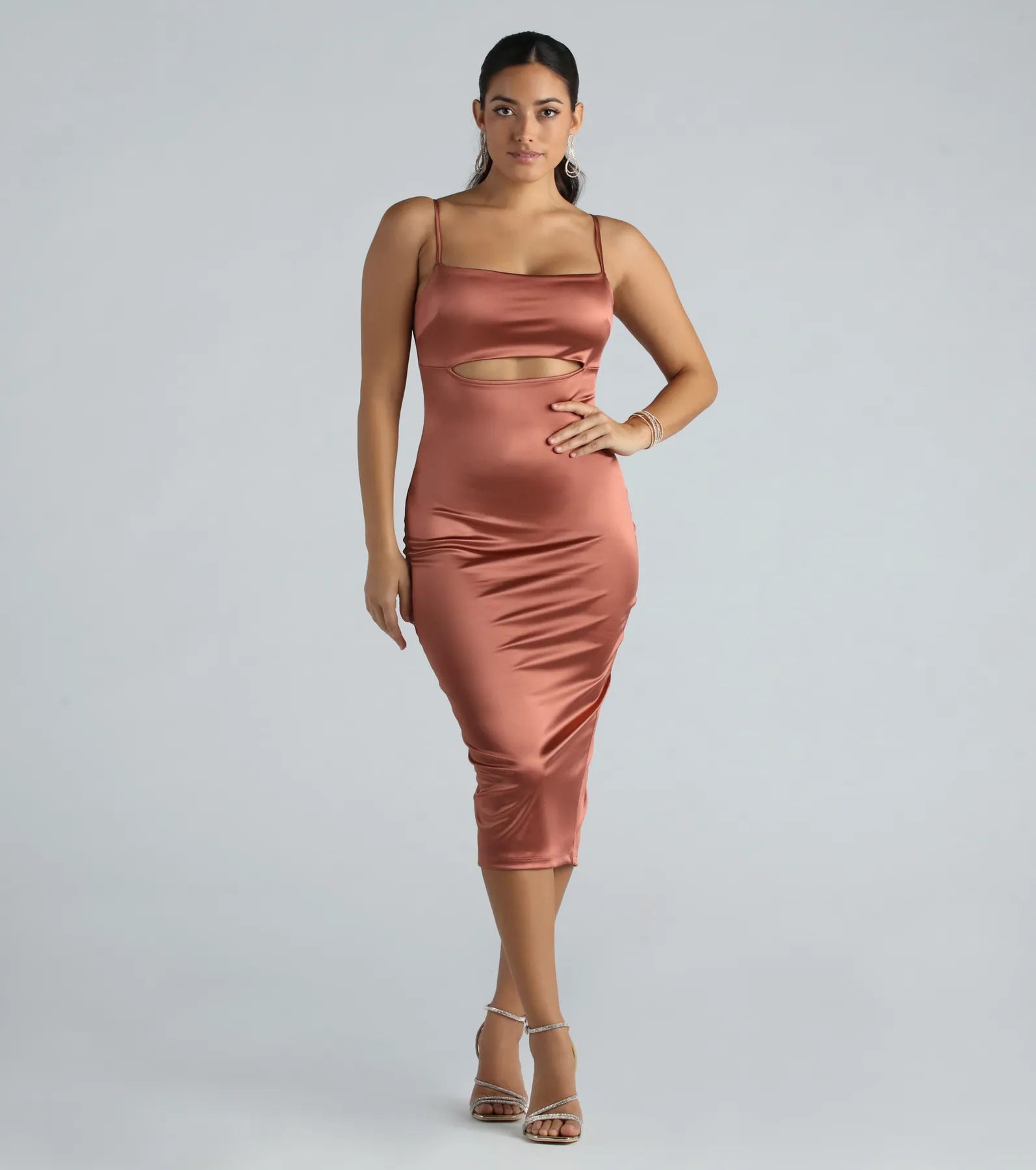 Midi dresses with gathered skirts for a full and flowing silhouetteSimone Formal Satin Tie-Back Cutout Midi Dress Midi dresses with gathered skirts for a full and flowing silhouetteSimone Formal Satin Tie-Back Cutout Midi Dress