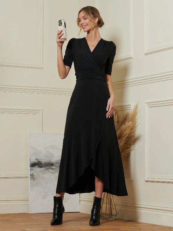 Midi dresses with printed lining for a hidden and stylish detailWrap Front Frill Hem Maxi Dress, Black