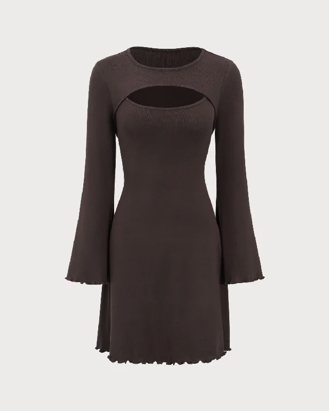 Mini dresses with gathered skirts for a voluminous effectCoffee Boat Neck Cutout Sweater Dress Mini dresses with gathered skirts for a voluminous effectCoffee Boat Neck Cutout Sweater Dress