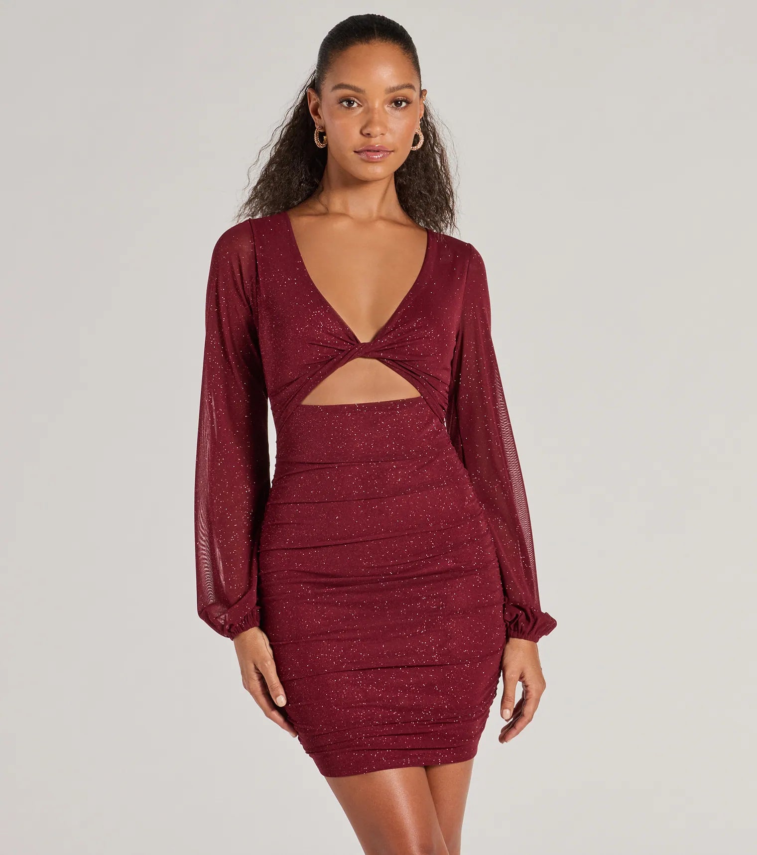 Sheer mini dresses with lace insertsGlam Energy Glitter Mesh Cutout Mini Dress