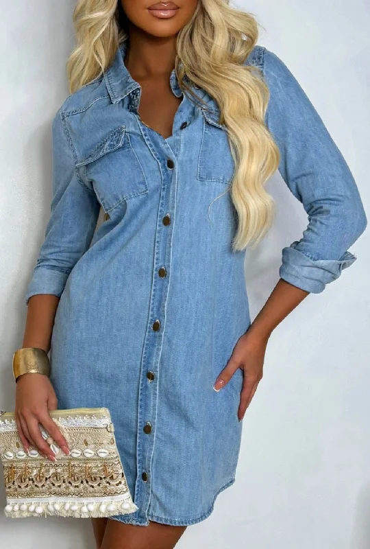Mini dresses with ruched bodices for a feminine touchRodeo Babe Light Blue Button Up Long Sleeve Denim Mini Dress Mini dresses with ruched bodices for a feminine touchRodeo Babe Light Blue Button Up Long Sleeve Denim Mini Dress