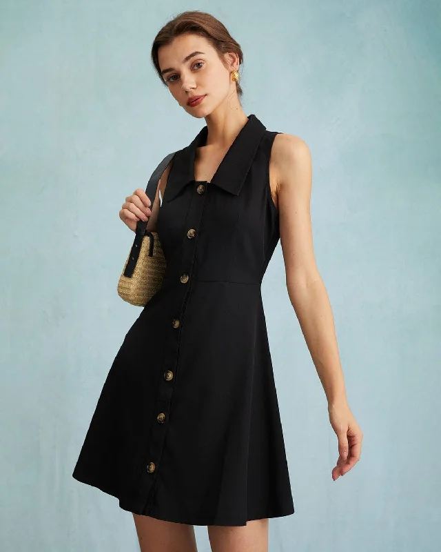 Mini dresses with halter necks for a stylish choiceThe Black Collared Sleeveless A Line Shirt Mini Dress Mini dresses with halter necks for a stylish choiceThe Black Collared Sleeveless A Line Shirt Mini Dress