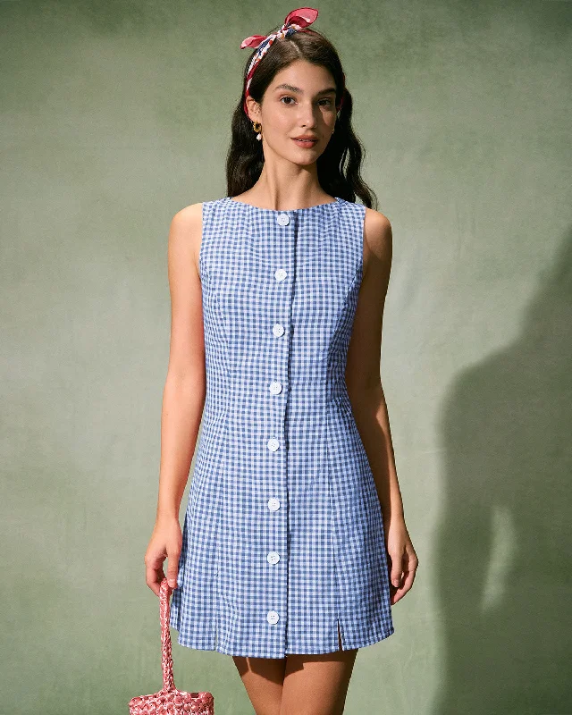 Polyester mini dresses for easy careThe Blue Boat Neck Cotton Plaid Mini Dress