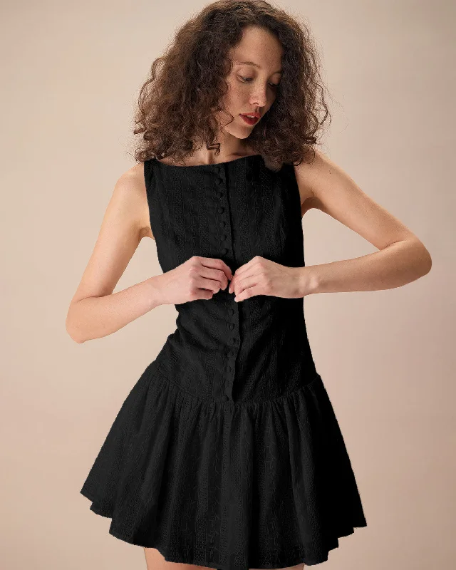 Mini dresses with puff sleeves for a vintage lookWomen's Black Boat Neck Jacquard Cotton Mini Dress Mini dresses with puff sleeves for a vintage lookWomen's Black Boat Neck Jacquard Cotton Mini Dress