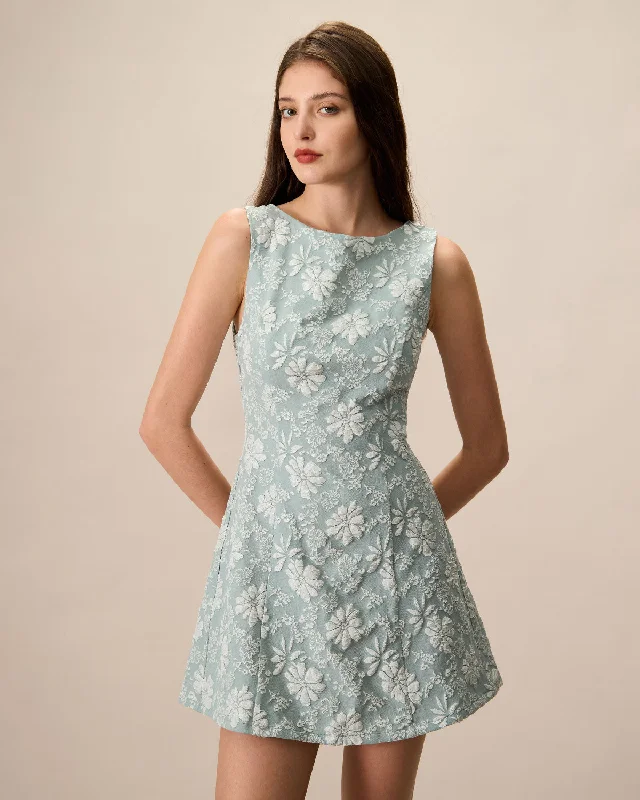 Cotton mini dresses for a comfortable everyday optionWomen's Green Boat Neck Jacquard Mini Dress Cotton mini dresses for a comfortable everyday optionWomen's Green Boat Neck Jacquard Mini Dress