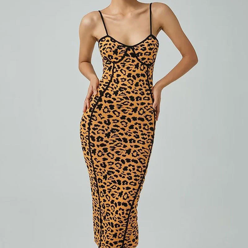 Cocktail dresses with a keyhole back and a midi - lengthBerryBetty - Alluring Sleeveless Bodycon Leopard Sweater Midi Dress - Leopard