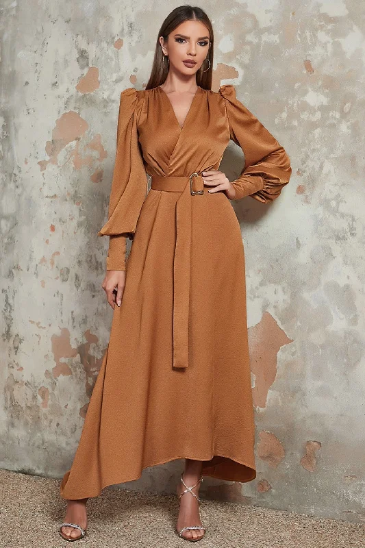 Cocktail dresses with a tassel - adorned belt and a sheath styleCamel A-Line Wrap V Neck Long Sleeves Long Prom Dress with Belt Cocktail dresses with a tassel - adorned belt and a sheath styleCamel A-Line Wrap V Neck Long Sleeves Long Prom Dress with Belt