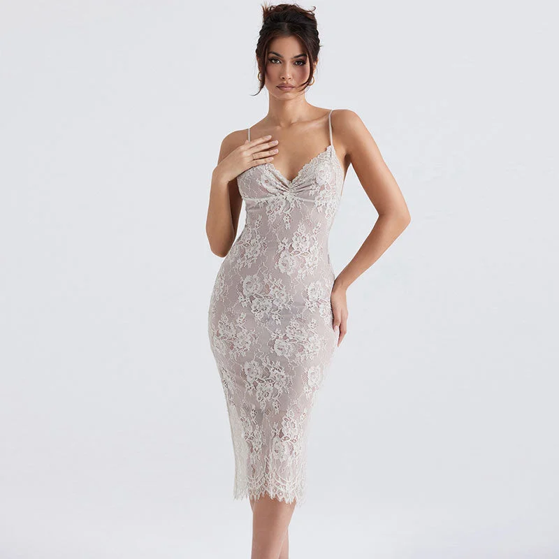 Lace - trimmed cocktail dresses in a pastel color for a soft appearanceBerryBetty - Floral Lace Ruched Trim Open Back Bodycon Slip Cocktail Midi Dress - White Lace - trimmed cocktail dresses in a pastel color for a soft appearanceBerryBetty - Floral Lace Ruched Trim Open Back Bodycon Slip Cocktail Midi Dress - White
