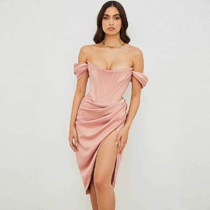 Cocktail dresses with a tassel - adorned belt and a sheath styleBerryBetty - Off Shoulder Draped Corset Cocktail Midi Dress - Pink Cocktail dresses with a tassel - adorned belt and a sheath styleBerryBetty - Off Shoulder Draped Corset Cocktail Midi Dress - Pink