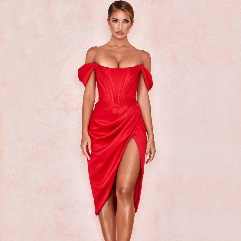 Mini cocktail dresses with a cold - shoulder ruffled sleeveBerryBetty - Off Shoulder Draped Corset Cocktail Midi Dress - Red