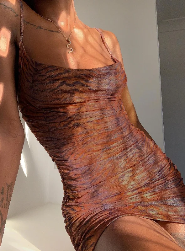 Bodycon dress with a mesh insert for a stylish edge​Harlan Mini Dress Brown