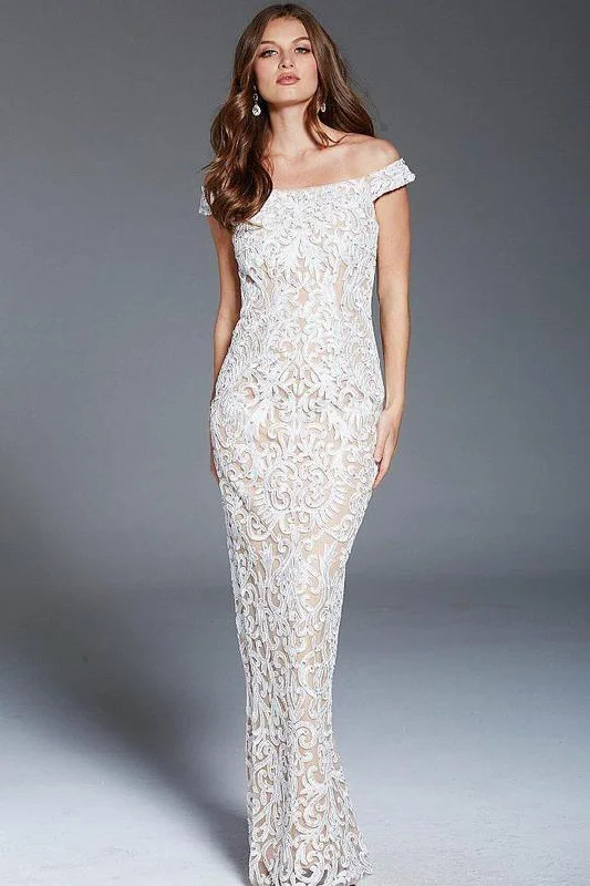 Sheath - style bodycon dress for a sophisticated office lookJovani 46775 Long Lace Off-Shoulder Sheath Dress Sheath - style bodycon dress for a sophisticated office lookJovani 46775 Long Lace Off-Shoulder Sheath Dress