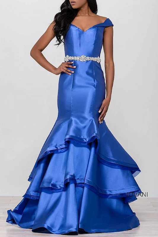 Bodycon dress in a pastel color palette​Jovani 48609 Off Shoulder Long Prom Dress