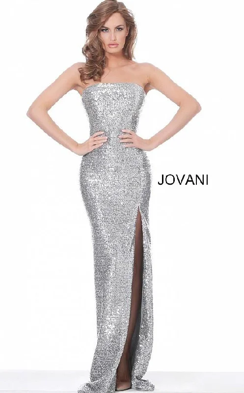 Wedding guest dresses with cold - shoulder designs and solid colorsJovani 02554 Silver Strapless High Slit Evening Dress Wedding guest dresses with cold - shoulder designs and solid colorsJovani 02554 Silver Strapless High Slit Evening Dress