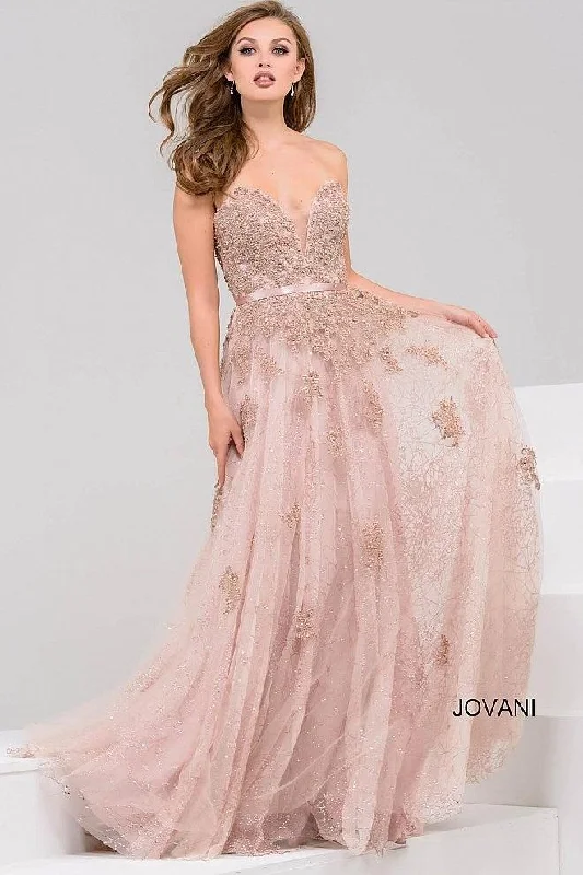 Lace - trimmed wedding guest dresses in blush pinkJovani 93765 Strapless Sweetheart Long Evening Dress Lace - trimmed wedding guest dresses in blush pinkJovani 93765 Strapless Sweetheart Long Evening Dress