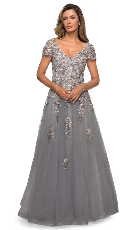Tea - length wedding guest dresses with polka dot patternsLa Femme - 27968 V Neck Lace Appliques Evening Gown