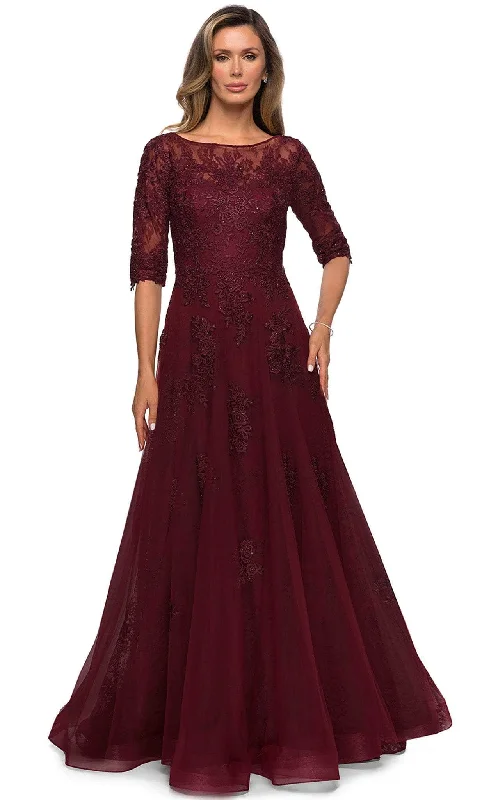 Wedding guest dresses with cold - shoulder ruffled sleeves and knee - length hemsLa Femme - 28036 Quarter Length Sleeve Floral Lace A-Line Gown Wedding guest dresses with cold - shoulder ruffled sleeves and knee - length hemsLa Femme - 28036 Quarter Length Sleeve Floral Lace A-Line Gown