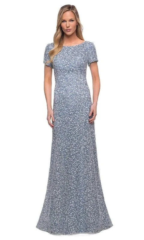 Sheer wedding guest dresses with lace inserts and long sleevesLa Femme - 29134 Modest Embroidered Mother of the Bride A-line Dress Sheer wedding guest dresses with lace inserts and long sleevesLa Femme - 29134 Modest Embroidered Mother of the Bride A-line Dress