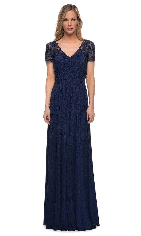 Mini wedding guest dresses with glittery accents for a trendy lookLa Femme - 29772 V-Neck Ruched Evening Dress