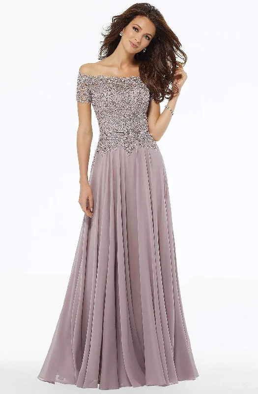 Ruffled - sleeve wedding guest dresses in light blue for a spring weddingMGNY By Mori Lee - 72133 Off Shoulder Lace Appliqued Chiffon Dress Ruffled - sleeve wedding guest dresses in light blue for a spring weddingMGNY By Mori Lee - 72133 Off Shoulder Lace Appliqued Chiffon Dress