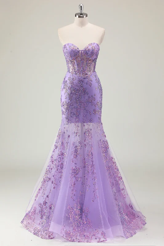 Cocktail dresses with a wrap - around style and a belted waistPurple Mermaid Corset Strapless Long Prom Dress with Appliques Cocktail dresses with a wrap - around style and a belted waistPurple Mermaid Corset Strapless Long Prom Dress with Appliques