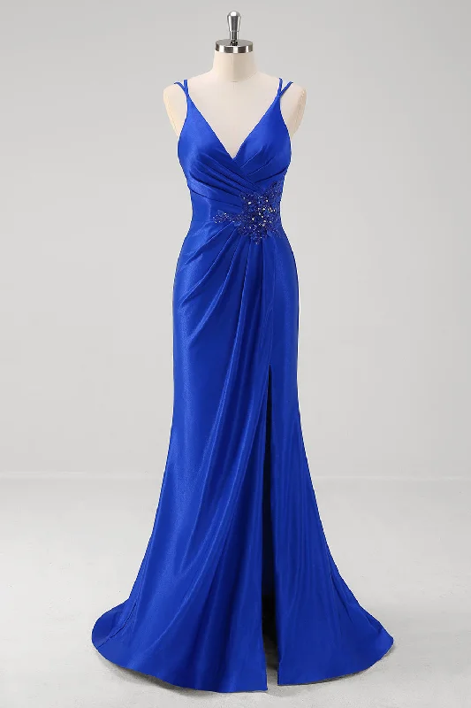 Cocktail dresses with a metallic - embroidered pattern and a midi - hemSparkly Royal Blue Mermaid Spaghetti Straps Long Prom Dress With Slit Cocktail dresses with a metallic - embroidered pattern and a midi - hemSparkly Royal Blue Mermaid Spaghetti Straps Long Prom Dress With Slit