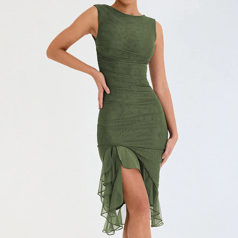 Cocktail dresses with a cut - out detail and a body - con fitBerryBetty - Ruched Crew Neck Sleeveless Bodycon Ruffle Cocktail Midi Dress - Army Green Cocktail dresses with a cut - out detail and a body - con fitBerryBetty - Ruched Crew Neck Sleeveless Bodycon Ruffle Cocktail Midi Dress - Army Green