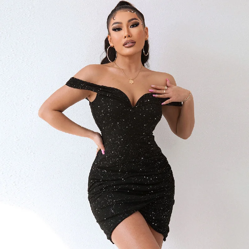Ruffled cocktail dresses with a knee - length hem for a feminine appealBerryBetty - Shimmery Ruched Wrap Trim Off Shoulder Bodycon Party Mini Dress - Black Ruffled cocktail dresses with a knee - length hem for a feminine appealBerryBetty - Shimmery Ruched Wrap Trim Off Shoulder Bodycon Party Mini Dress - Black