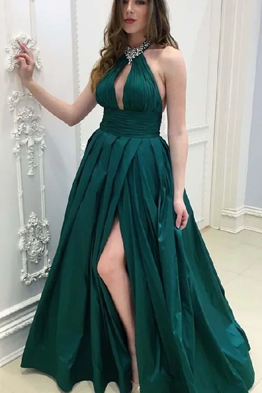 Party dresses with a peplum waist for a feminine and flattering silhouetteA-Line Halter Backless Floor-Length Dark Green Prom Dress With Beading PG675 Party dresses with a peplum waist for a feminine and flattering silhouetteA-Line Halter Backless Floor-Length Dark Green Prom Dress With Beading PG675