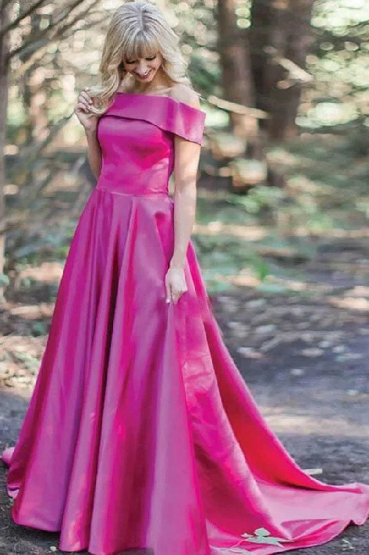 Sleeveless party dresses made of silk for a luxurious feelA-Line Off-the-Shoulder Sweep Train Pink Satin Prom Dress with Pockets PG668 Sleeveless party dresses made of silk for a luxurious feelA-Line Off-the-Shoulder Sweep Train Pink Satin Prom Dress with Pockets PG668