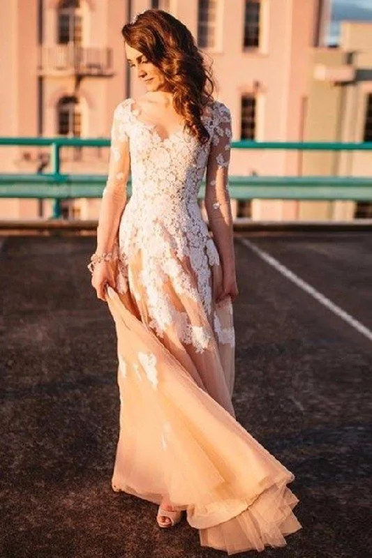 Party dresses with a leatherette material for a tough and stylish appearanceA-Line Scoop 3/4 Sleeves Tulle Prom Dress with Appliques PG693 Party dresses with a leatherette material for a tough and stylish appearanceA-Line Scoop 3/4 Sleeves Tulle Prom Dress with Appliques PG693