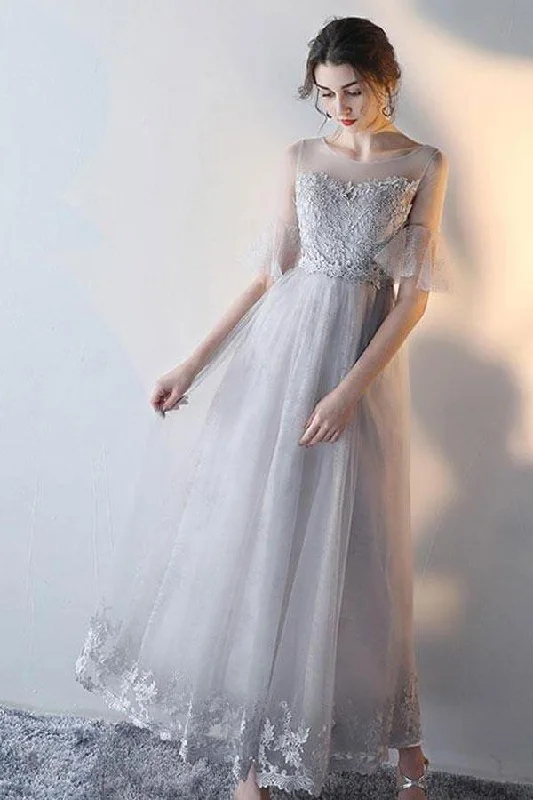 Short - length party dresses with a ruffled skirt for a flirty look​A-line Short Sleeves Gray Tulle Lace Prom Dress Gray Evening Dress PG666
