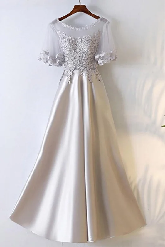 Long - length party dresses with a high - low hem for a trendy styleA-line Silver Satin Long Party Prom Dress With Illusion Neckline PG689 Long - length party dresses with a high - low hem for a trendy styleA-line Silver Satin Long Party Prom Dress With Illusion Neckline PG689