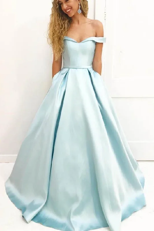Party dresses with a tiered skirt for a fun and voluminous styleA-line Simple Off Shoulder Satin Long Prom Dress with Pockets PG664 Party dresses with a tiered skirt for a fun and voluminous styleA-line Simple Off Shoulder Satin Long Prom Dress with Pockets PG664