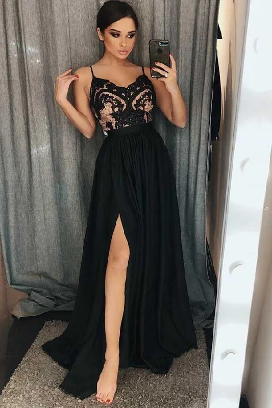 Party dresses with a unique neckline, like a sweetheart or square neckA-Line Spaghetti Straps Black Satin Prom Dress with Lace Split PG669 Party dresses with a unique neckline, like a sweetheart or square neckA-Line Spaghetti Straps Black Satin Prom Dress with Lace Split PG669