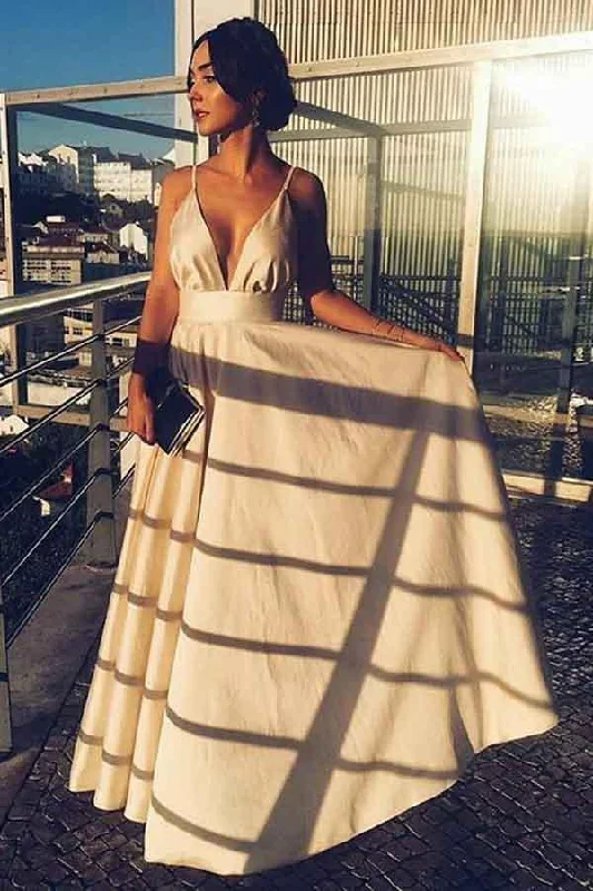 Party dresses with a cut - out design for a daring and edgy styleA-Line V-Neck Floor Length Straps Satin Prom/Party Dress PG660 Party dresses with a cut - out design for a daring and edgy styleA-Line V-Neck Floor Length Straps Satin Prom/Party Dress PG660